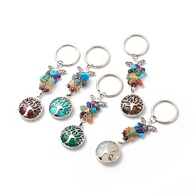 Flat Round with Tree of Life Natural & Synthetic Mixed Stone Chips & Brass Pendant Keychain, with Iron Split Key Rings
