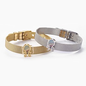 Unisexes 304 bracelets bracelet en acier inoxydable de bracelet, avec breloques coulissantes en laiton à micro-pavé de zircons cubiques, garçon