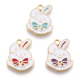 Eco-Friendly Zinc Alloy Pendants, with Enamel, Cadmium Free & Nickel Free & Lead Free, Rabbit with Bowknot, Light Gold