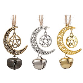 3Pcs 3 Colors Alloy Moon with Star Pendant Decoration, Iron Bell and Jute Cord Home Door Hanging Ornaments