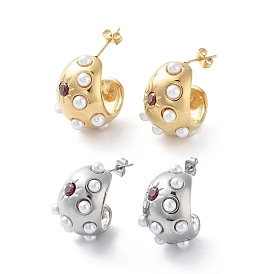 304 Stainless Steel Stud Earrings, Half Hoop Earrings with Plastic Pearl with Cubic Zirconia