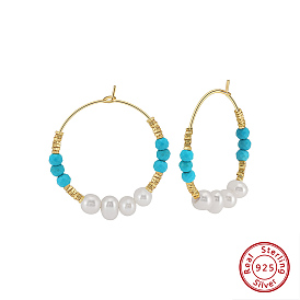 Synthetic Turquoise & Natural Freshwater Pearl & 925 Sterling Silver Hoop Earrings for Women