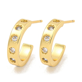 Rack Plating C-Shaped Brass Micro Pave Clear Cubic Zirconia Stud Earrings, Cadmium Free & Lead Free, Long-Lasting Plated