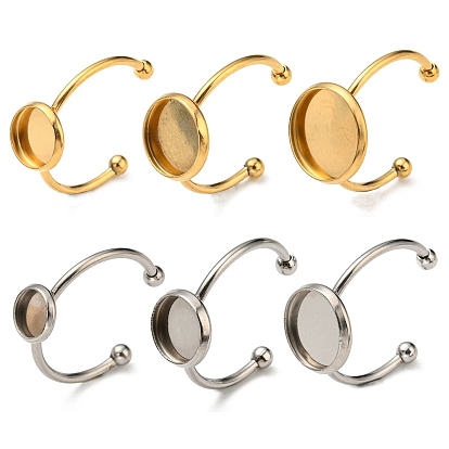 304 Stainless Steel Open Cuff Ring Findings, Bezel Cup Ring Settings with 201 Stainless Steel Tray, Flat Round