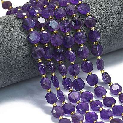 Природный аметист нитей бисера, граненый шестиугольный разрез, плоско-круглые, с бисером