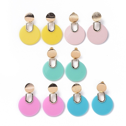 Opaque Acrylic Stud Earrings, with Brass Findings and Ear Nuts, Flat Round