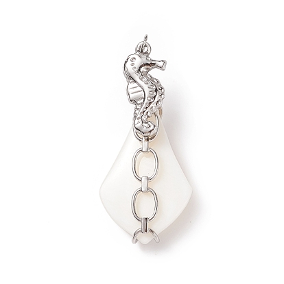 Natural White Shell Pendants, Teardrop Charm, with Stainless Steel Color Plated 304 Stainless Steel Sea Horse Findings and Jump Ring