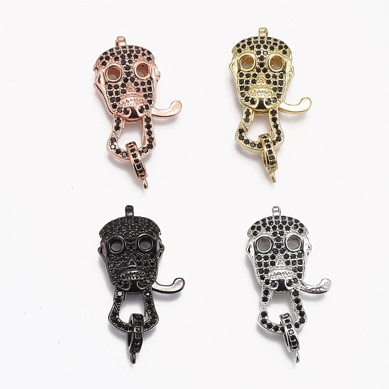 Brass Micro Pave Cubic Zirconia Lobster Claw Clasps, Long-Lasting Plated, Skull