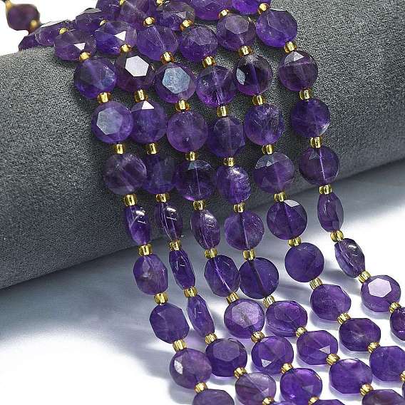 Природный аметист нитей бисера, граненый шестиугольный разрез, плоско-круглые, с бисером