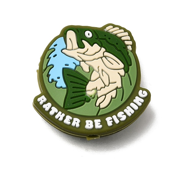 Silicone Beads, Focal Beads, Flat Round with Word Rather Be Fishing & Fish