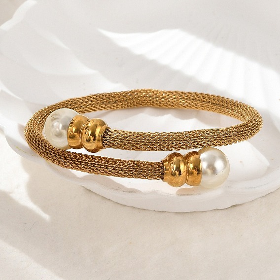 304 регулируемые браслеты из нержавеющей стали, браслеты с крутящим моментом для женщин, с пластиковой имитационной жемчужиной, ионное покрытие (ip)