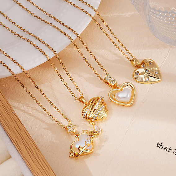 Женские колье с подвеской в виде сердца из латуни, инкрустированной кубическим цирконием и искусственным жемчугом., реальный 18 k позолоченный