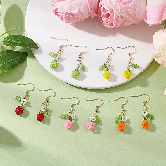 Серьги-подвески в форме яблок из стеклянного бисера ручной работы, с акриловым листом и цветком из смолы и 304 крючками для сережек из нержавеющей стали, золотые