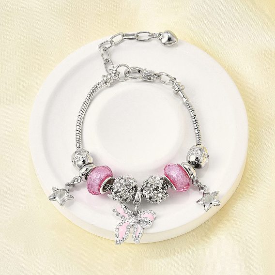 Сплав эмаль европейские бусины браслеты с подвесками, браслеты из змеиной цепи для женщин, bowknot & star, смолой и горный хрусталь, без свинца и без кадмия