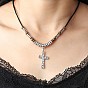 Подвеска в виде кованого религиозного креста из сплава, ожерелье из черной искусственной кожи., CCB с бисером