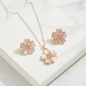 Flower Alloy Cat Eye Pendant Necklaces & Stud Earrings Sets