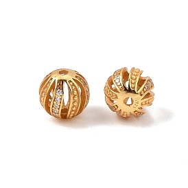 Hollow 925 Sterling Silver Micro Pave Clear Cubic Zirconia Beads, Rack Plating, Long-Lasting Plated, Round, with 925 Stamp