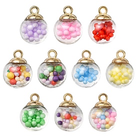 10Pcs Glass Ball Pendants, with Polyfoam Inside & Golden CCB Plastic Pendant Bails, Round