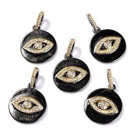 Brass Micro Pave Cubic Zirconia Pendants, with Tube Bails, Long-Lasting Plated, Cadmium Free & Lead Free & Nickel Free, Flat Round with Evil Eye, Clear