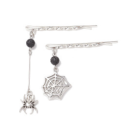 2Pcs 2 Styles Iron Hair Bobby Pins, with Natural Lava Rock Bead and Halloween Spider & Spider Web Alloy Charms