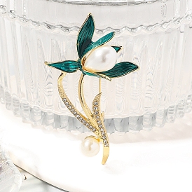 Orchids Enamel Pins, with Plastic Pearl, Zinc Alloy Rhinestone Brooches for Backpack Clothes, with Plastic Pearl