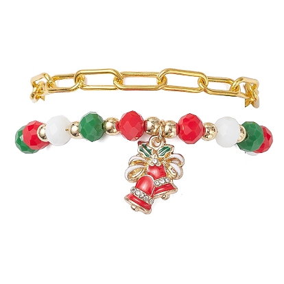2 шт. 2 стили браслеты с подвесками из сплава и эмали на рождественскую тематику и наборы железных браслетов-цепочек со скрепками, со стеклянными бусинами