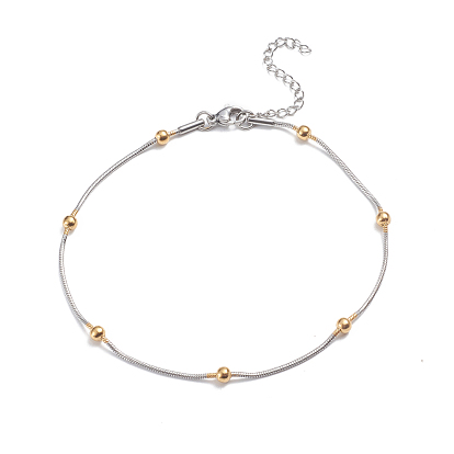 304 Stainless Steel Round Snake Chain Anklets, with Round Beads and Lobster Claw Clasps