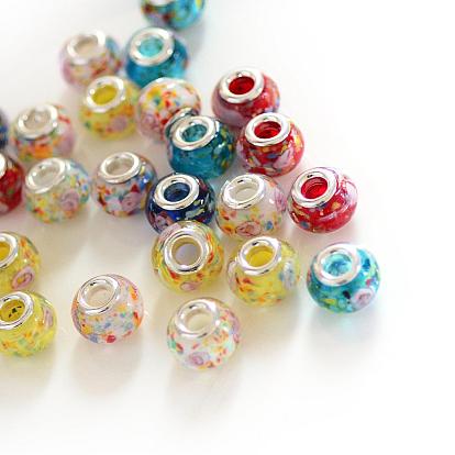 Rondelle Lampwork Large Hole European Beads, with Silver Color Plated Brass Cores, 13~14x10~11mm, Hole: 5mm