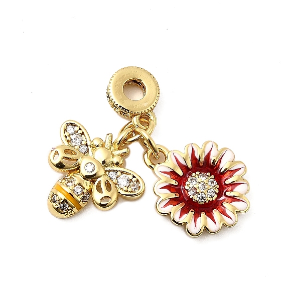 Латунные европейские подвески с подвесками, с кубического циркония и эмали, пчелы и цветок, Подвески с большими отверстиями, долговечный, без свинца и без кадмия, стойки покрытие
