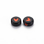 Opaque Black Acrylic Beads, Flat Round with Heart
