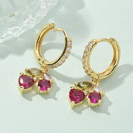 Brass Micro Pave Cubic Zirconia Hoop Earrings, Lead Free & Cadmium Free, Long-Lasting Plated, Rack Plating, Cherry