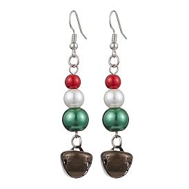 Christmas Theme Glass Pearl Bell Dangle Earrings, with Brass Earring Hooks, Platinum