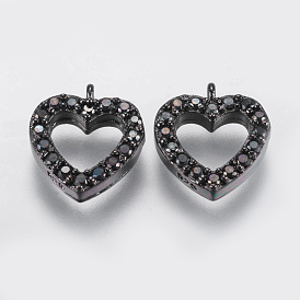 Brass Micro Pave Cubic Zirconia Charms, Hollow Heart, Black