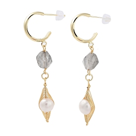 Boucles d'oreilles en quartz naturel, avec des perles en laiton et des épingles en argent sterling, losange