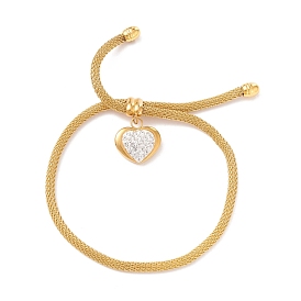 Crystal Rhinestone Heart Charm Slider Bracelet with Round Mesh Chain for Women