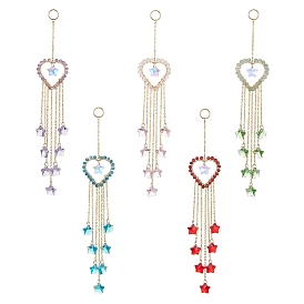 Natural Gemstone Heart Pendant Decorations, with Star Glass Beads and 304 Stainless Steel Split Rings