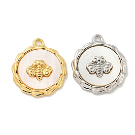 Natural White Shell Charms, Rack Plating Brass Flat Round with Bee Charms