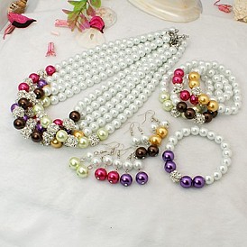 Fashion Glass Pearl Jewelry Sets: Earrings, Necklaces and Stretchy Bracelets, with Brass Rhinestone Beads, Brass Spring Ring Clasps and Brass Earring Hooks, Earrings: 50mm, Bracelets: 55mm, Necklaces: 19 inch 