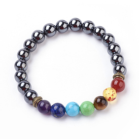Bracelets élastiques de pierres fines, ronde, chakra perles bracelets, avec les accessoires en alliage