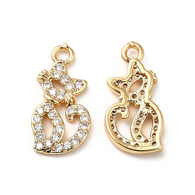 Brass Micro Pave Cubic Zirconia Pendants, Real 18K Gold Plated, Cat Charm