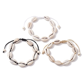 3 pcs 3 couleurs ensemble de bracelets de perles tressées en coquillage naturel, bracelets réglables tressés avec fils de nylon