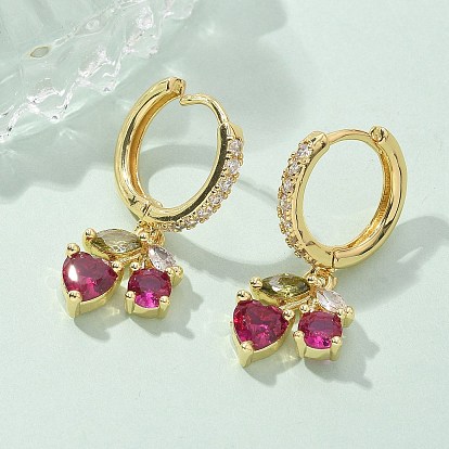 Brass Micro Pave Cubic Zirconia Hoop Earrings, Lead Free & Cadmium Free, Long-Lasting Plated, Rack Plating, Cherry