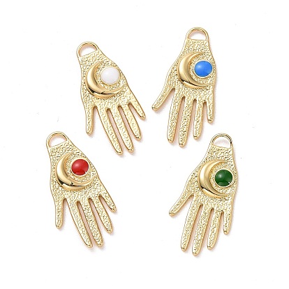 Eco-friendly Brass Enamel Pendants, Cadmium Free & Lead Free, Long-Lasting Plated, Golden, Hand with Moon