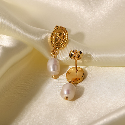 Rose Embossed Coin Jewelry Set - 18K Gold Plated Stainless Steel & Freshwater Pearl Earrings and Pendant, Fashionable and Versatile