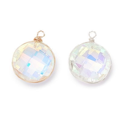 2 шт. Стеклянные подвески, плоско-круглые, с медной проволокой, граненые