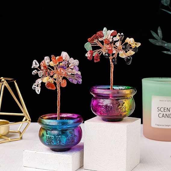 Украшения из смешанных драгоценных камней для демонстрации богатства на дереве, домашний офис фэн-шуй декор, с керамическим рогом изобилия подвал