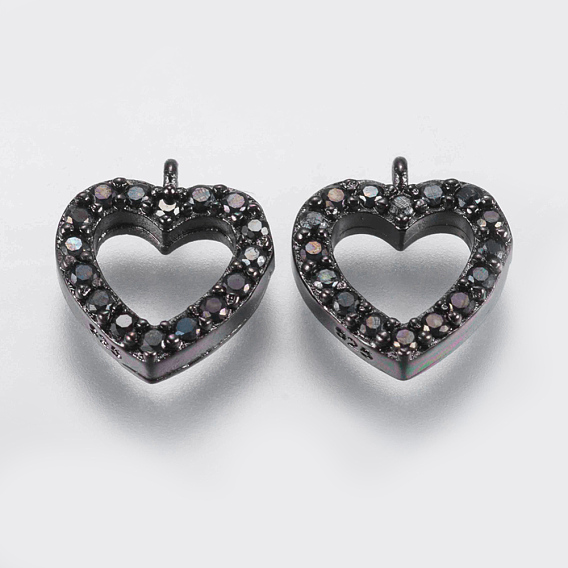 Brass Micro Pave Cubic Zirconia Charms, Hollow Heart, Black
