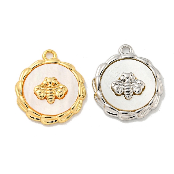 Натуральные белые раковины, стойка латунная плоская круглая с подвесками в виде пчел