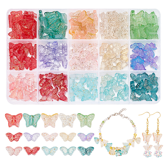 180шт 15 стиль прозрачные окрашенные распылением стеклянные бусины, с золотой фольгой, бабочка