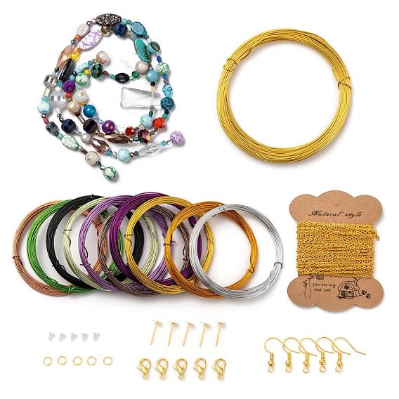 98 Piece DIY Wire Wrapped Jewelry Kits, Including Aluminum & Copper Craft Wire, Iron Cable Chains & Ear Stud Findings, Zinc Alloy Lobster Claw Clasps, Brass Earring Hooks, Glass Beads Strands